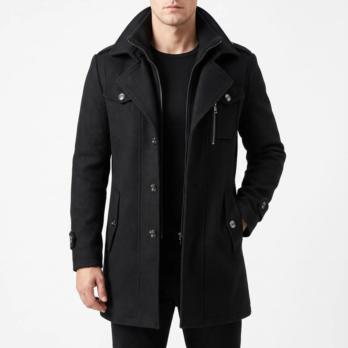 Men's structured layered overcoat with notched lapels, pockets and long sleeves