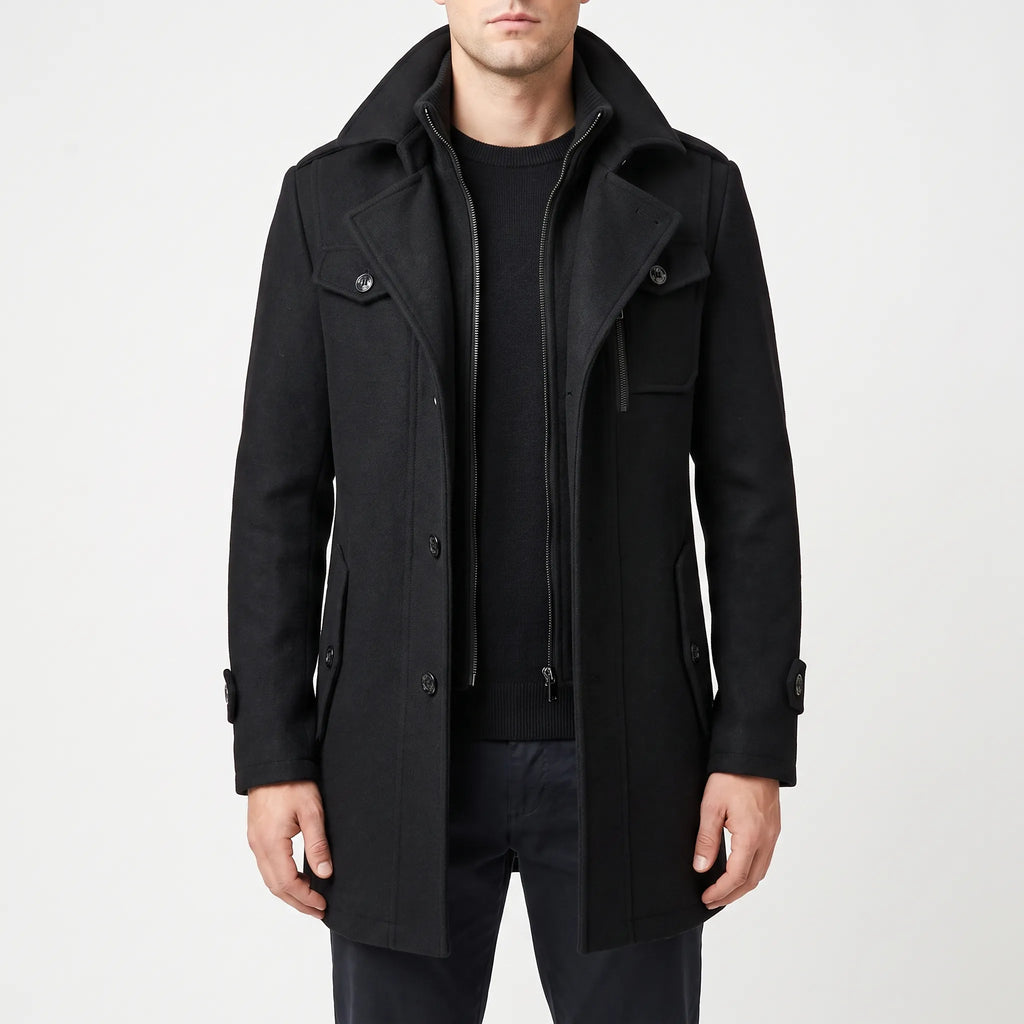Men's structured layered overcoat with notched lapels, pockets and long sleeves