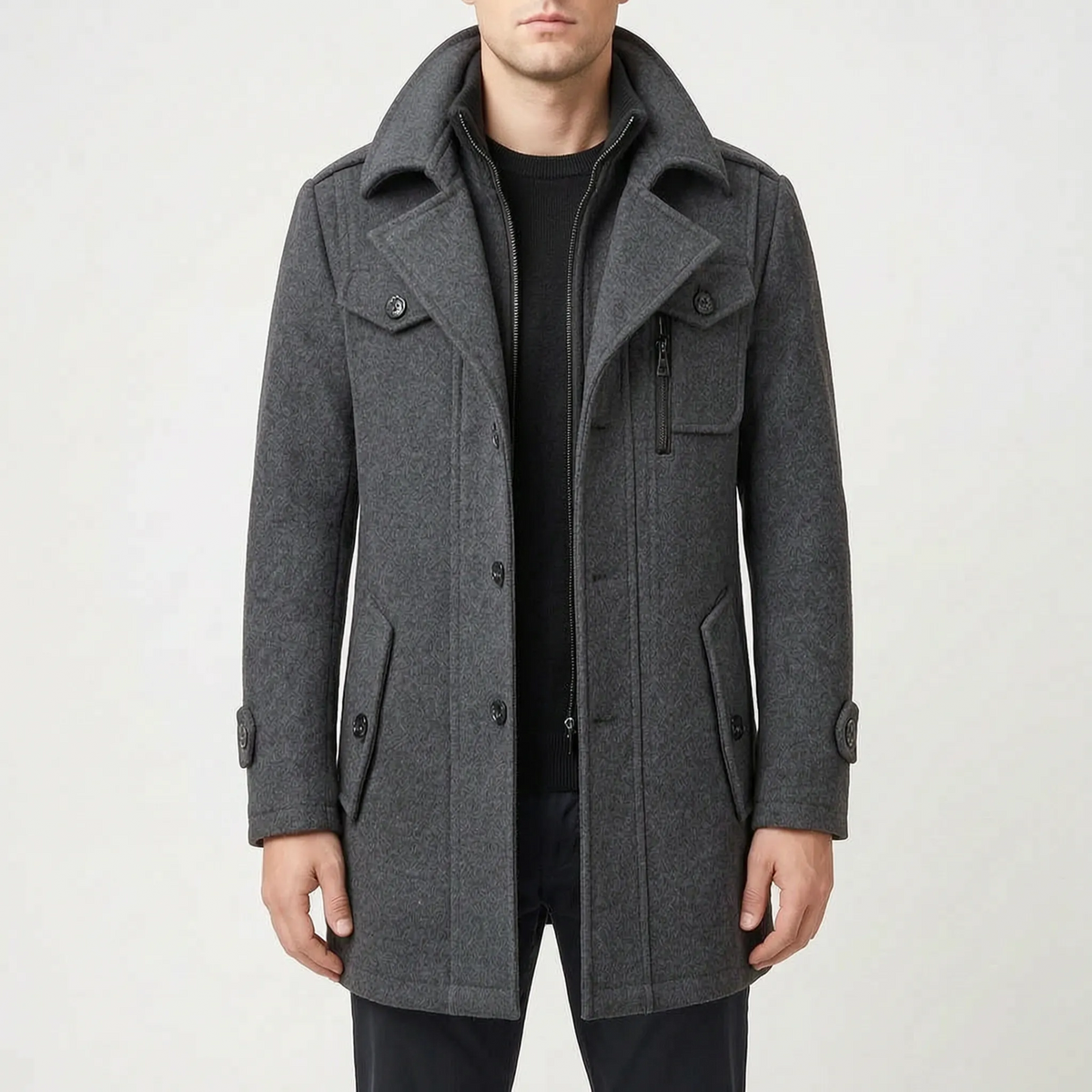 Men's structured layered overcoat with notched lapels, pockets and long sleeves