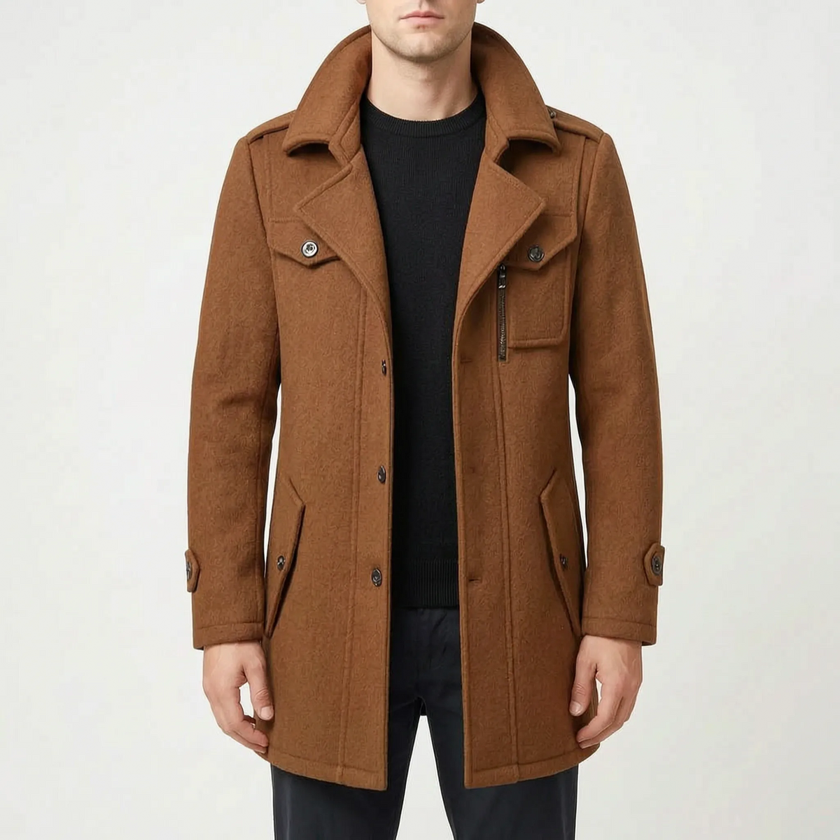 Men's structured layered overcoat with notched lapels, pockets and long sleeves