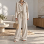 Women's long-sleeve collared blouse and wide-leg trouser co-ord set