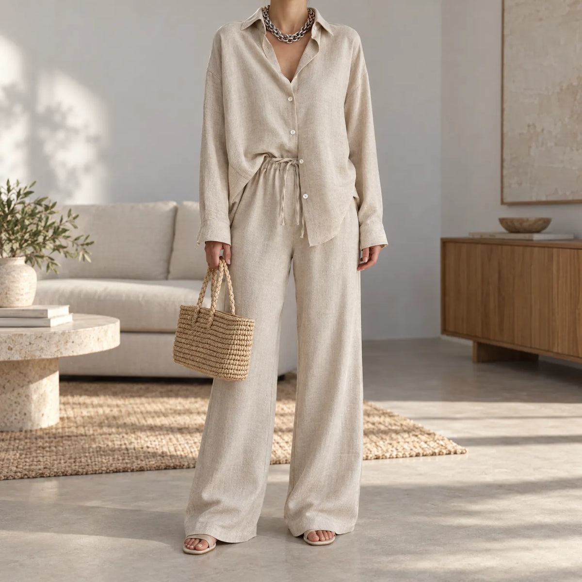Women's long-sleeve collared blouse and wide-leg trouser co-ord set