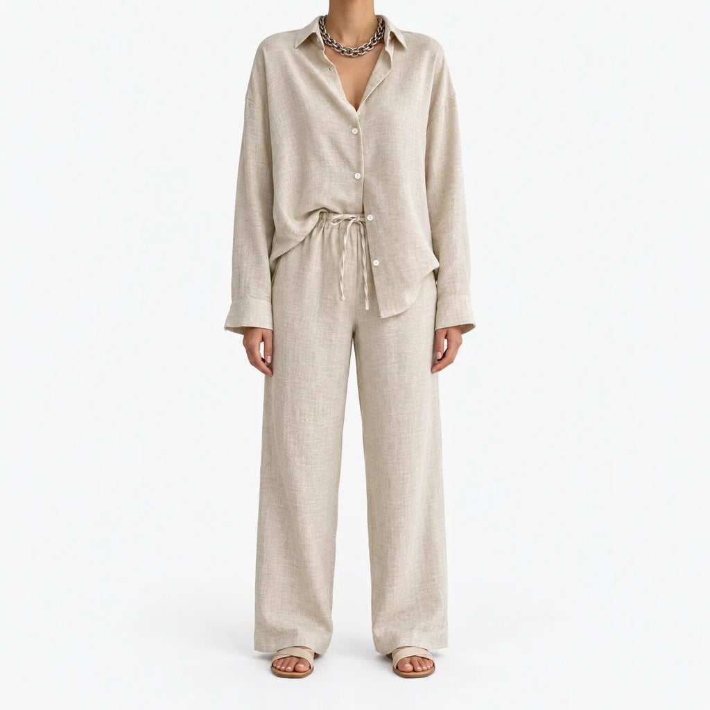 Women's long-sleeve collared blouse and wide-leg trouser co-ord set