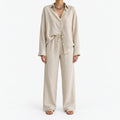 Women's long-sleeve collared blouse and wide-leg trouser co-ord set