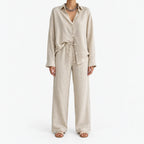 Women's long-sleeve collared blouse and wide-leg trouser co-ord set