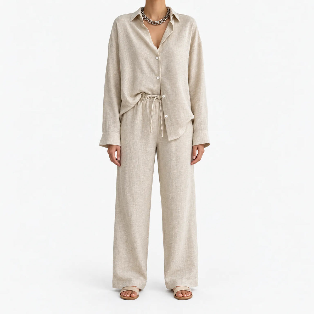 Women's long-sleeve collared blouse and wide-leg trouser co-ord set
