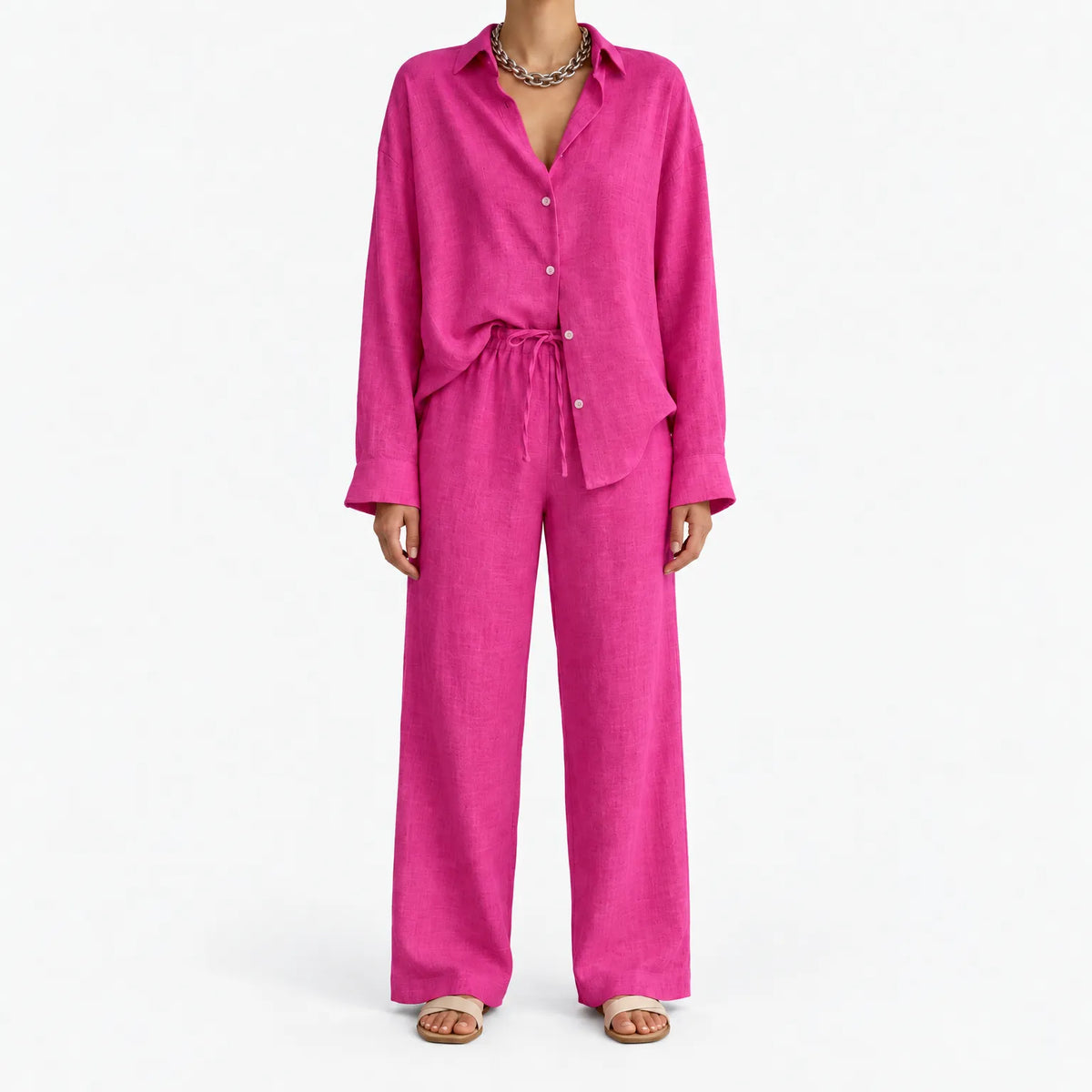 Women's long-sleeve collared blouse and wide-leg trouser co-ord set