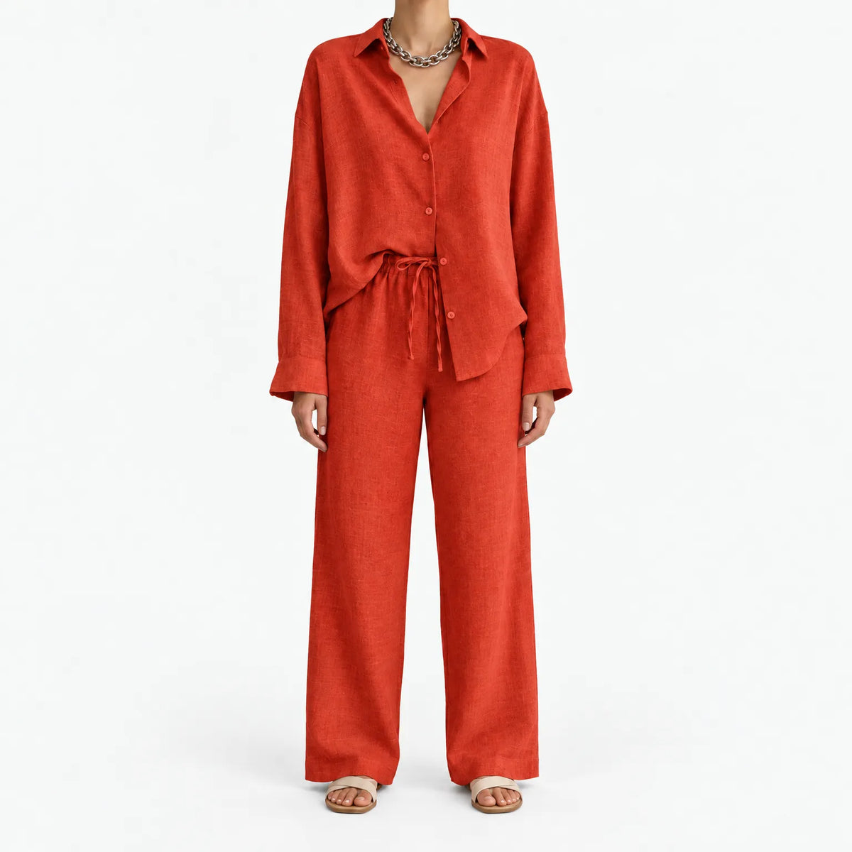 Women's long-sleeve collared blouse and wide-leg trouser co-ord set