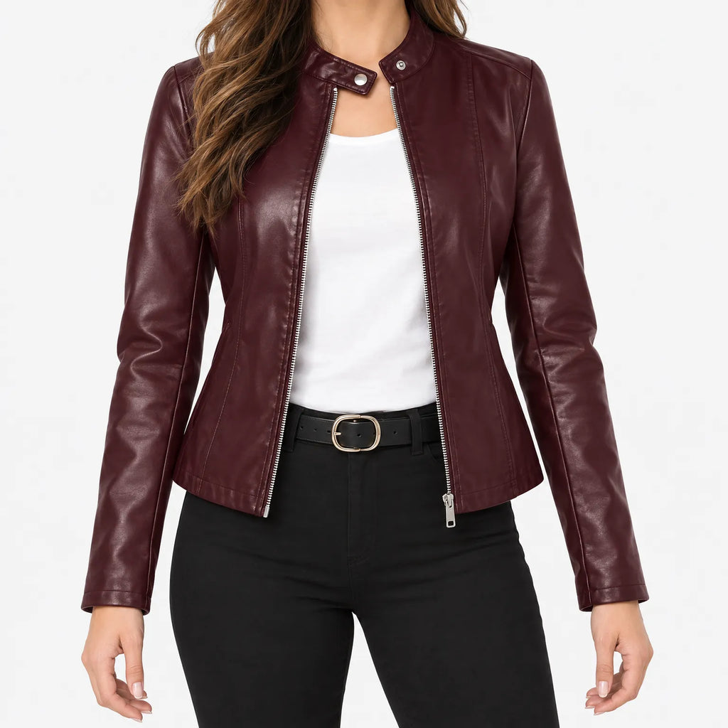 Motoza  - Structured Faux Leather Biker Jacket Layering Over T-Shirts