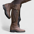 Women's knee-high boots with buckle straps, round toes and low heels