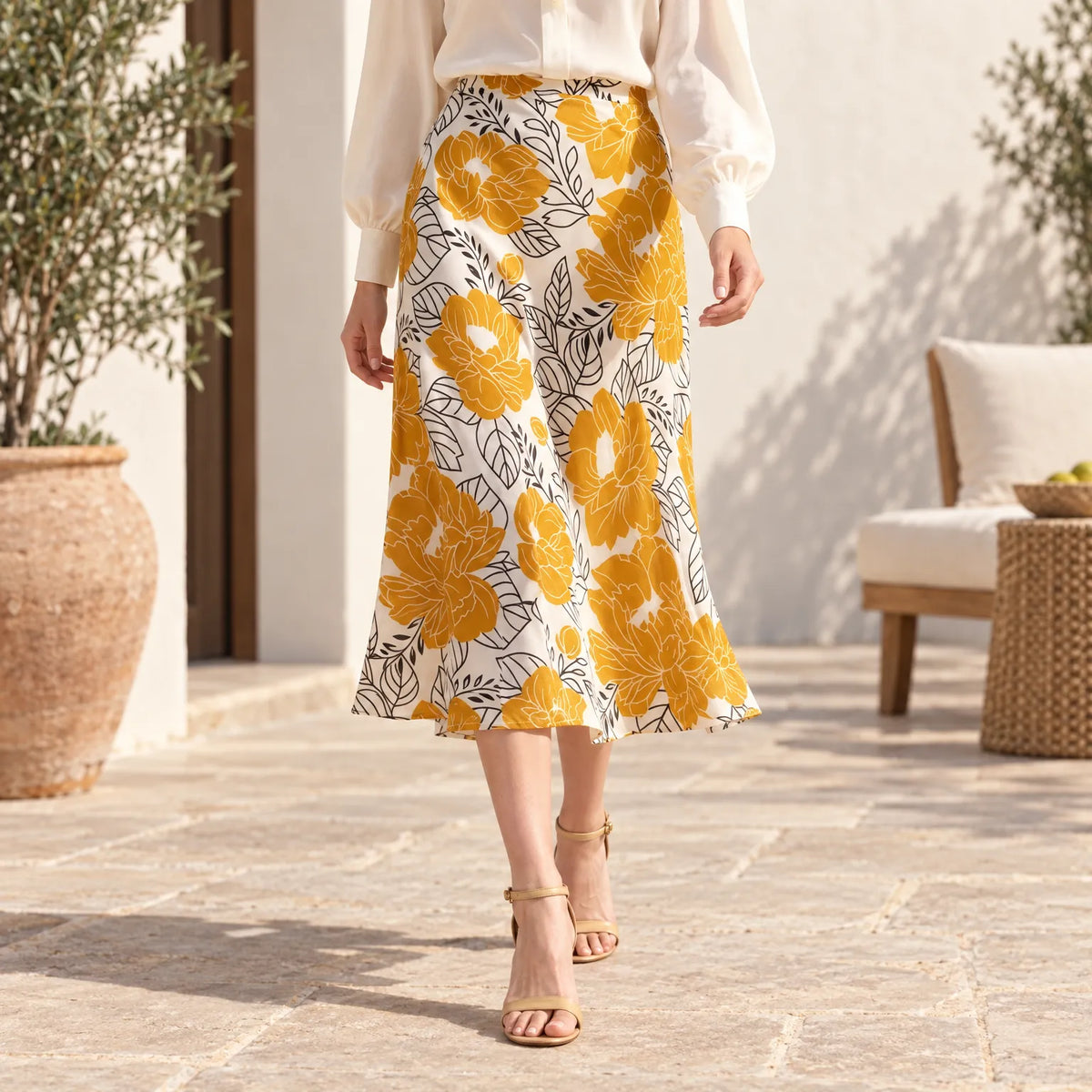 Women's cream floral A-line midi skirt with yellow flowers and dark leaf outlines