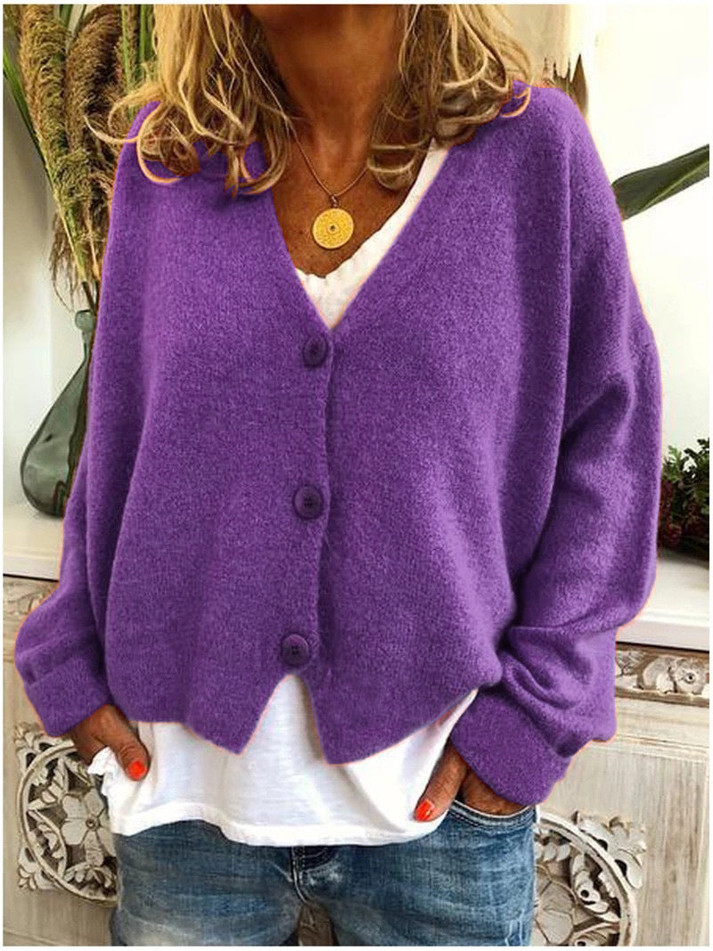Women's long-sleeve V-neck button cardigan with ribbed cuffs and hem