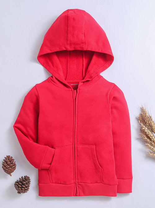 Boys' red hooded zip-up hoodie with long sleeves and front pockets