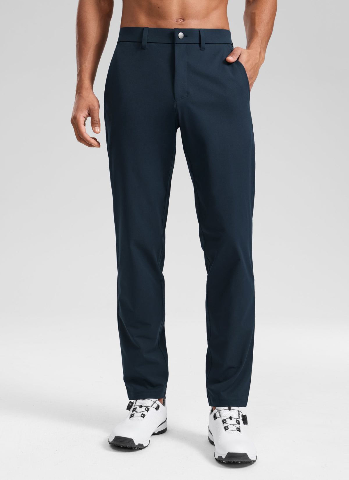 Men's full-length plain golf trousers with belt loops and side pockets