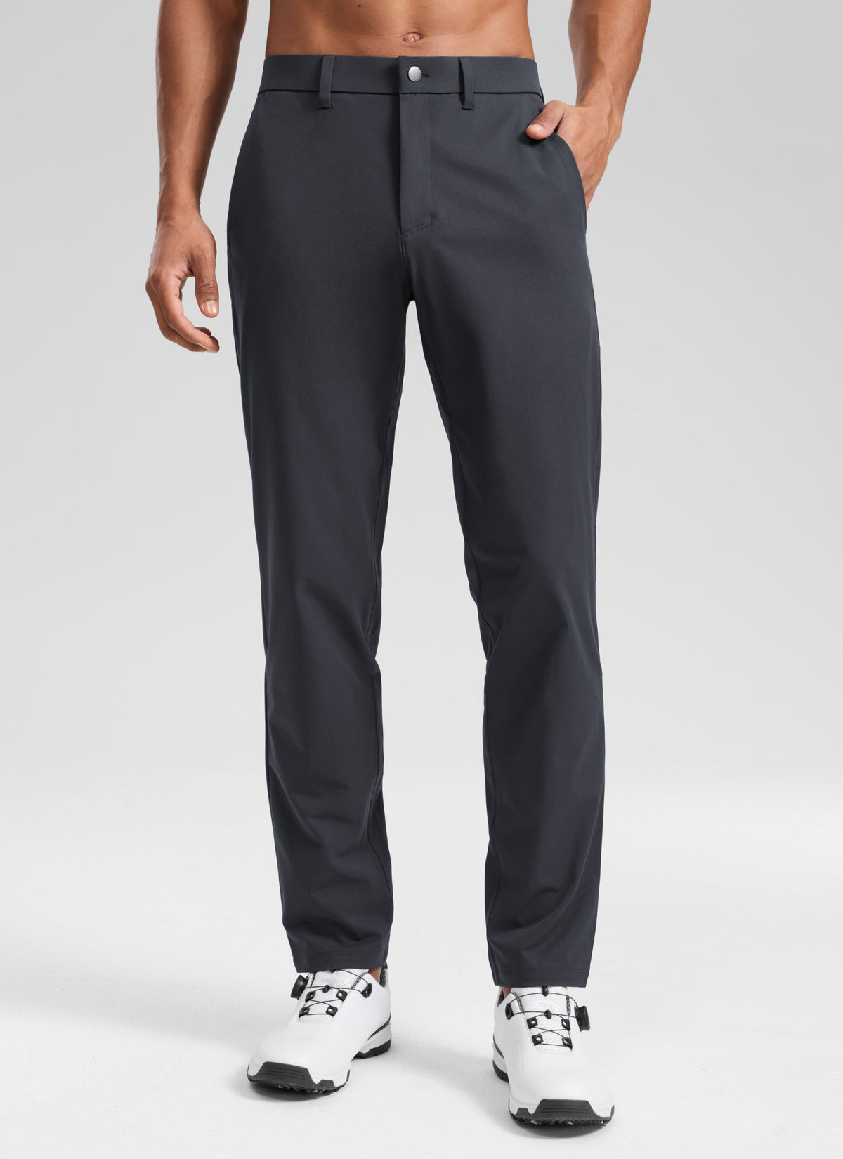 Men's full-length plain golf trousers with belt loops and side pockets