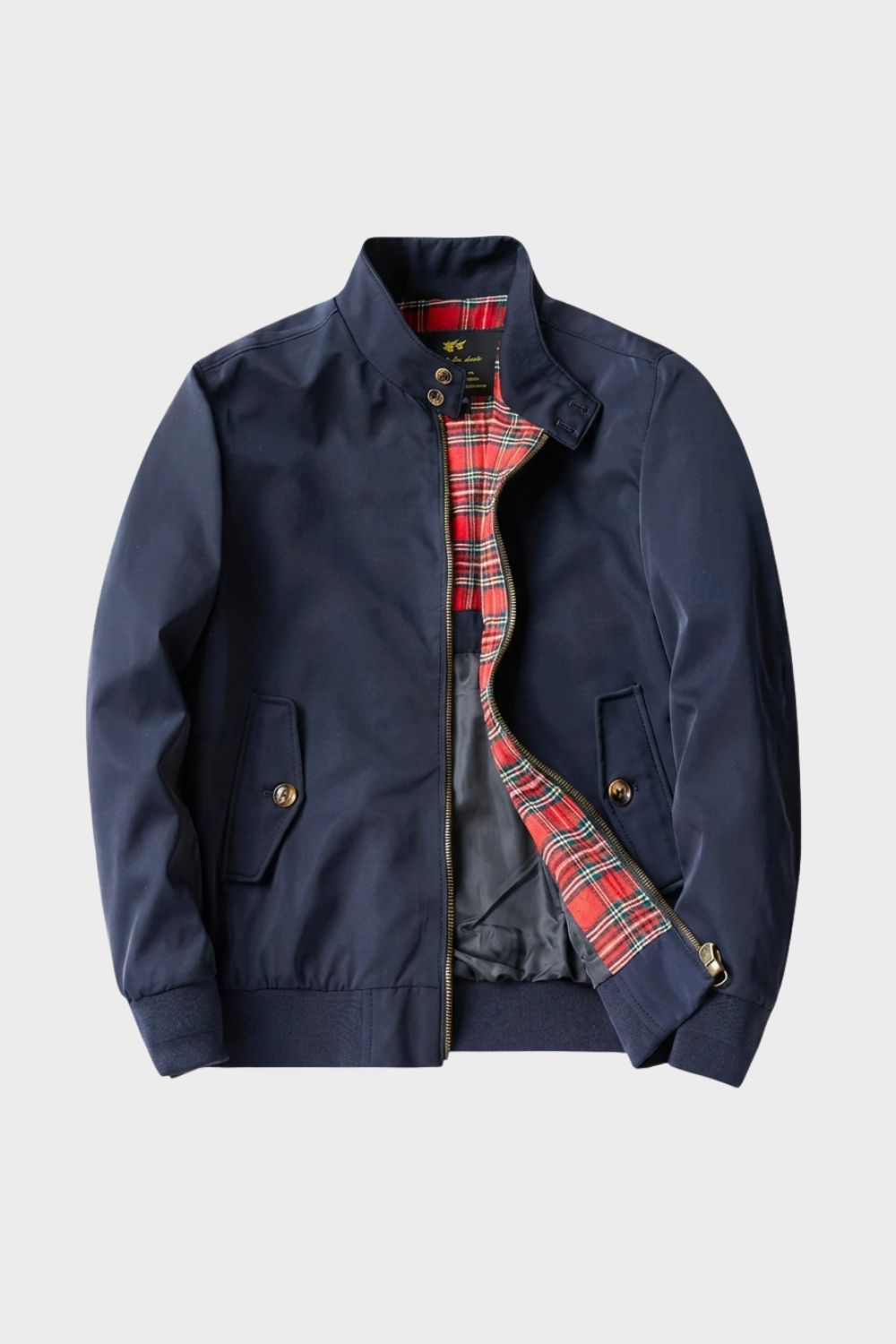 Men's bomber jacket with stand collar, zip front, ribbed trims and checked lining
