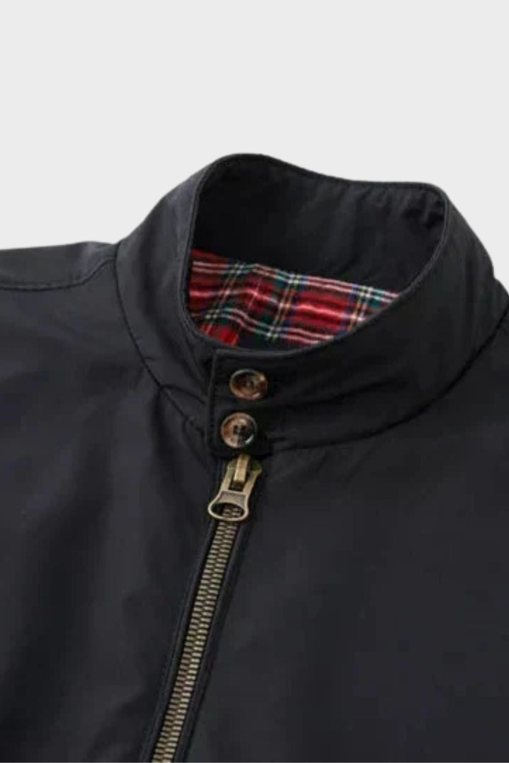 Men's bomber jacket with stand collar, zip front, ribbed trims and checked lining