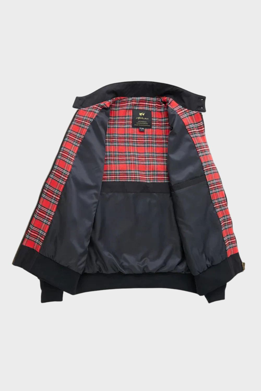 Men's bomber jacket with stand collar, zip front, ribbed trims and checked lining