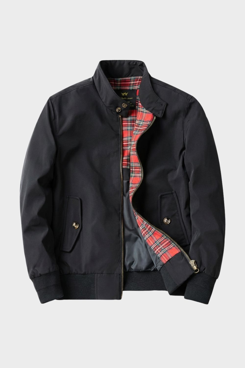 Men's bomber jacket with stand collar, zip front, ribbed trims and checked lining