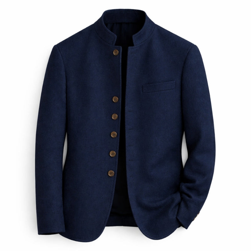 Men's plain stand-collar jacket with long sleeves, button front and chest pocket