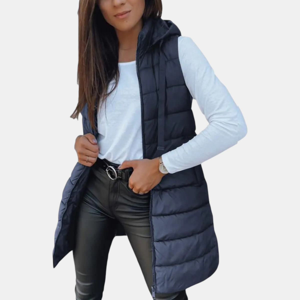 Women's longline hooded puffer gilet with horizontal quilting and zip front