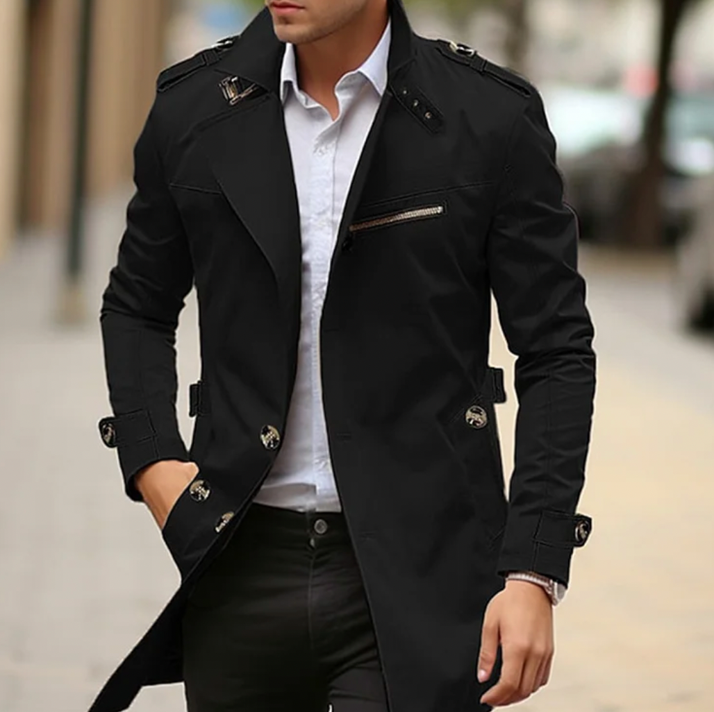 Men's longline trench coat with notched lapels, button front and zipped chest pocket