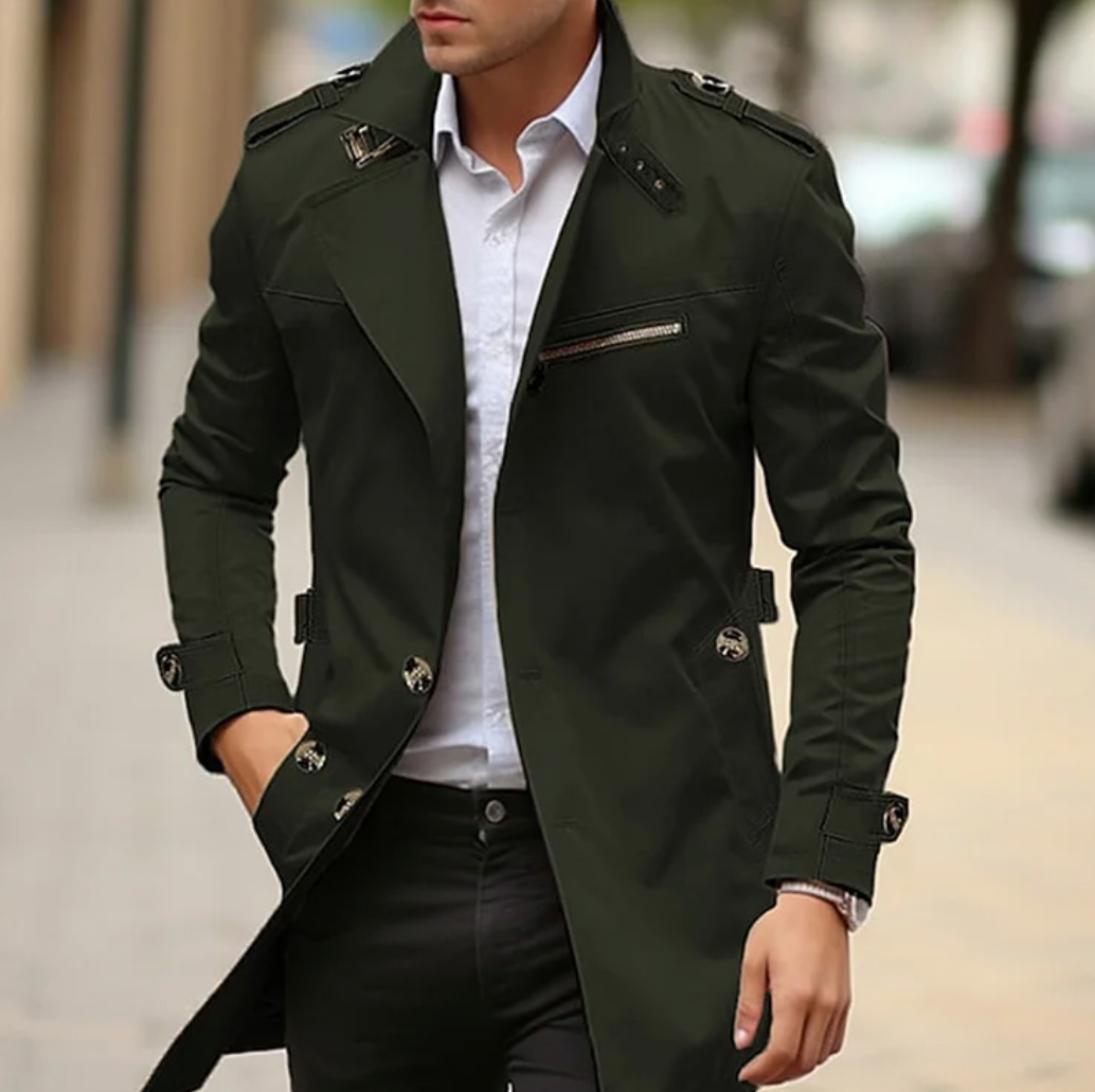 Men's longline trench coat with notched lapels, button front and zipped chest pocket