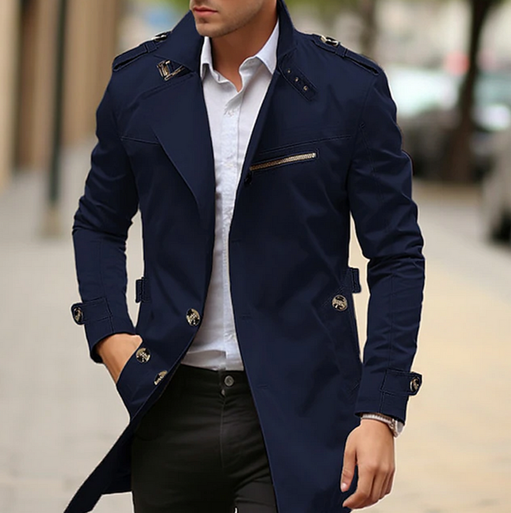 Men's longline trench coat with notched lapels, button front and zipped chest pocket