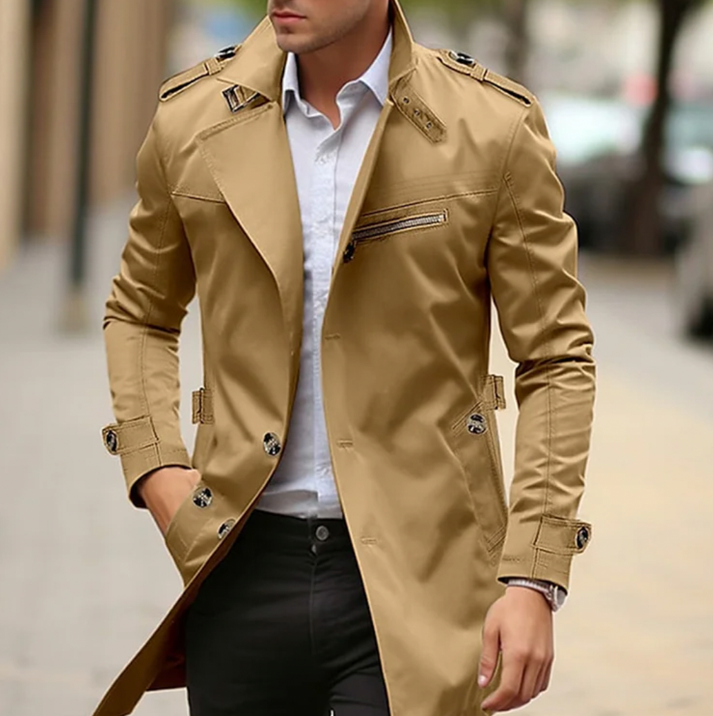 Men's longline trench coat with notched lapels, button front and zipped chest pocket
