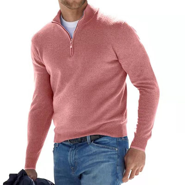 Men's plain quarter-zip jumper with high collar and long sleeves