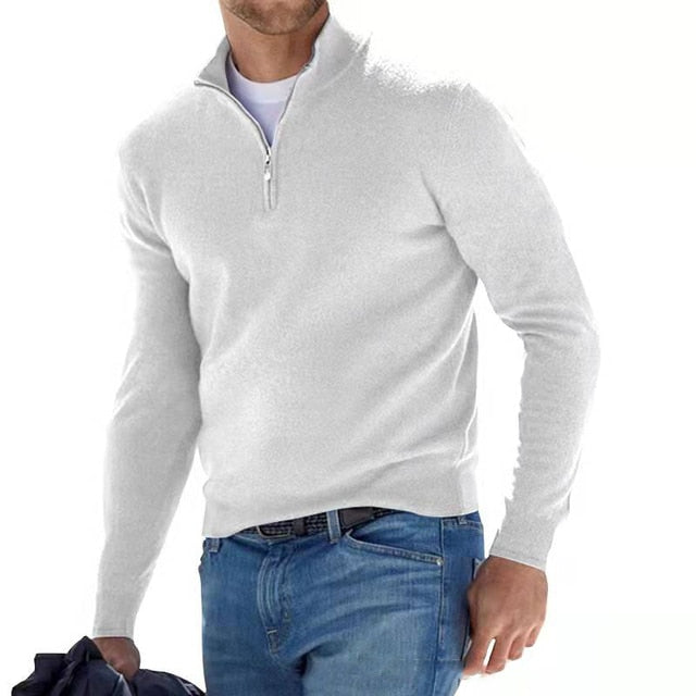 Men's plain quarter-zip jumper with high collar and long sleeves