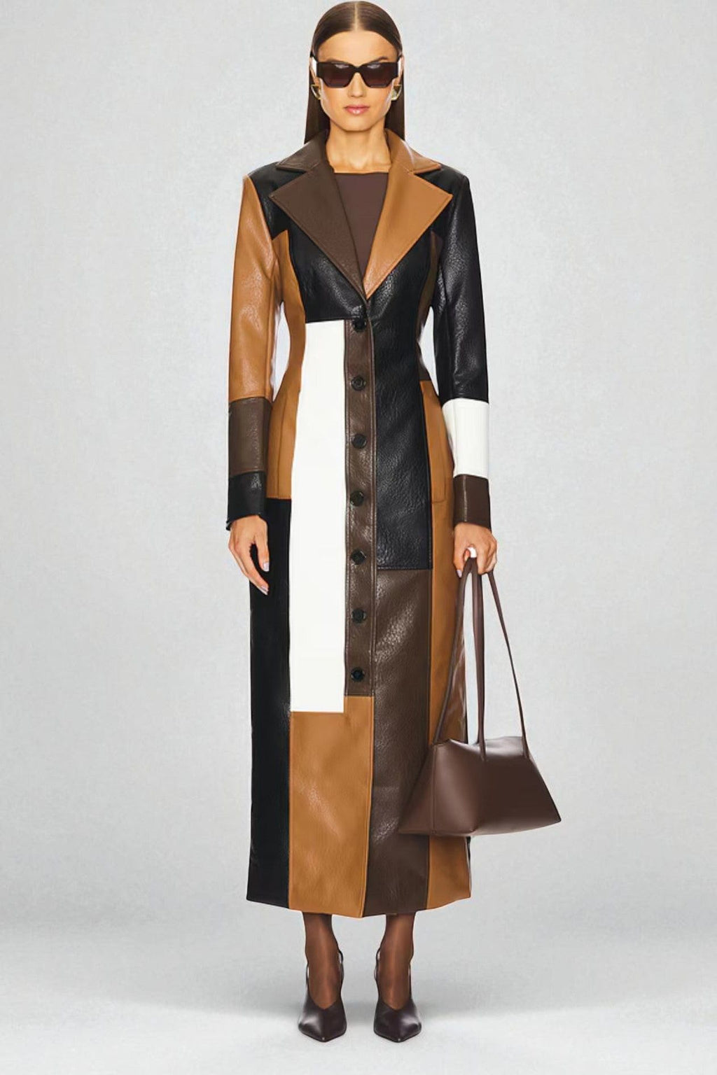 Women's brown geometric mosaic trench coat with long sleeves and button front
