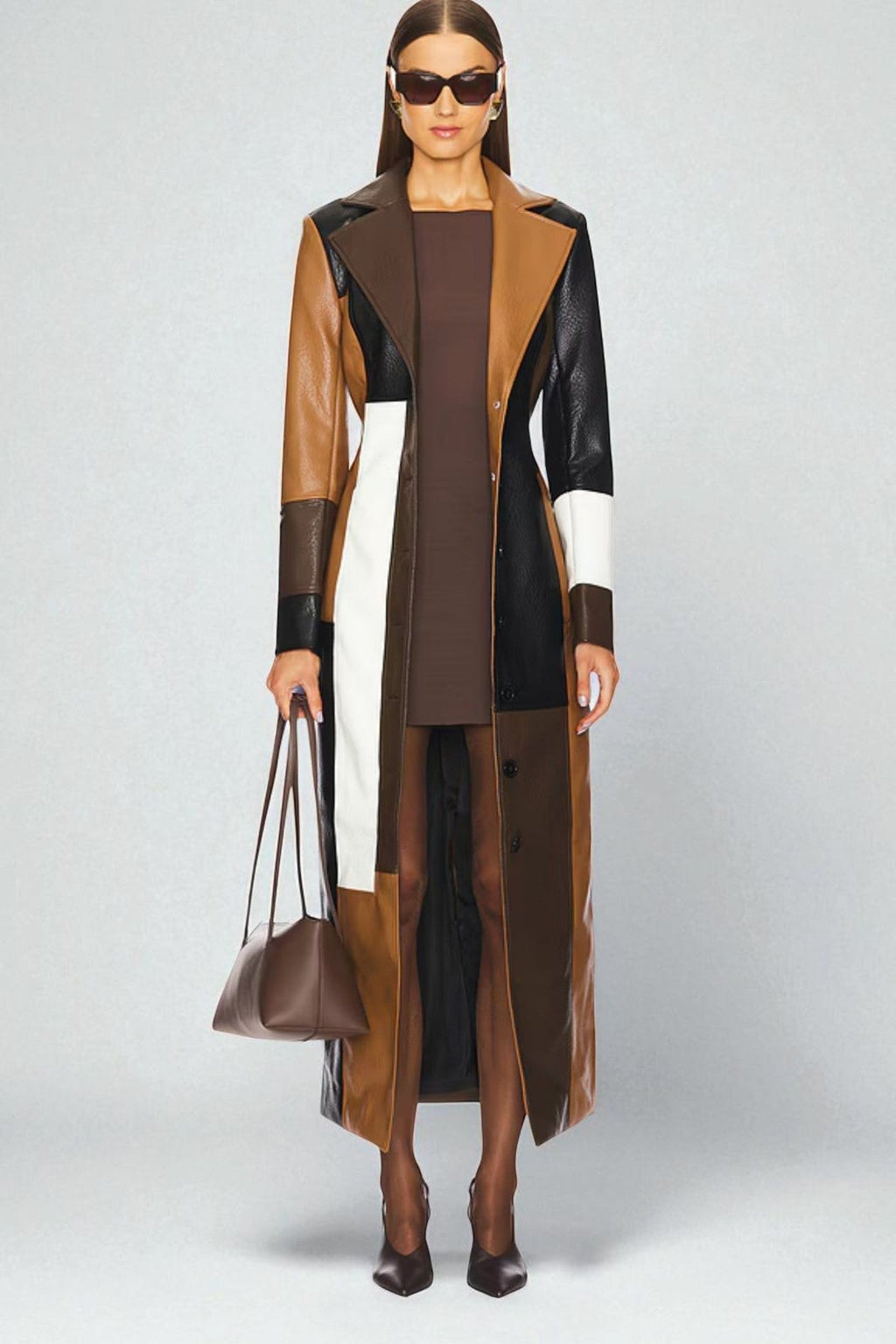Women's brown geometric mosaic trench coat with long sleeves and button front