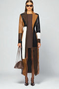 Women's brown geometric mosaic trench coat with long sleeves and button front