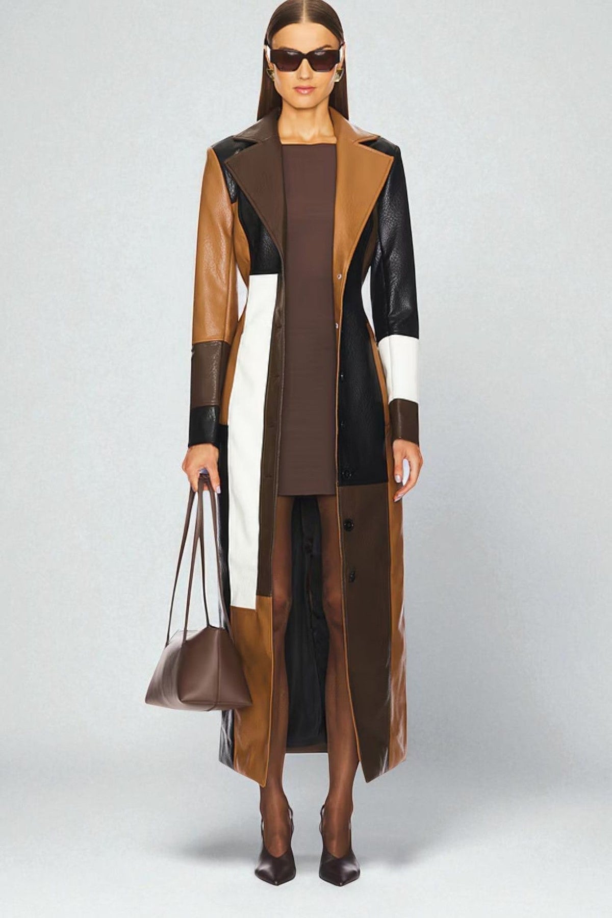 Women's brown geometric mosaic trench coat with long sleeves and button front