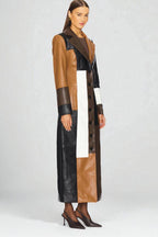 Women's brown geometric mosaic trench coat with long sleeves and button front