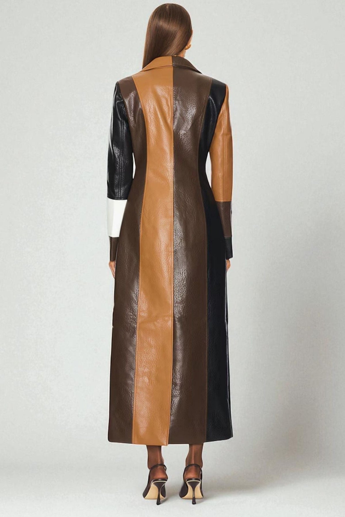 Women's brown geometric mosaic trench coat with long sleeves and button front