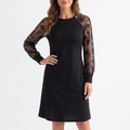 Women's black knee-length dress with long sheer floral embroidered sleeves