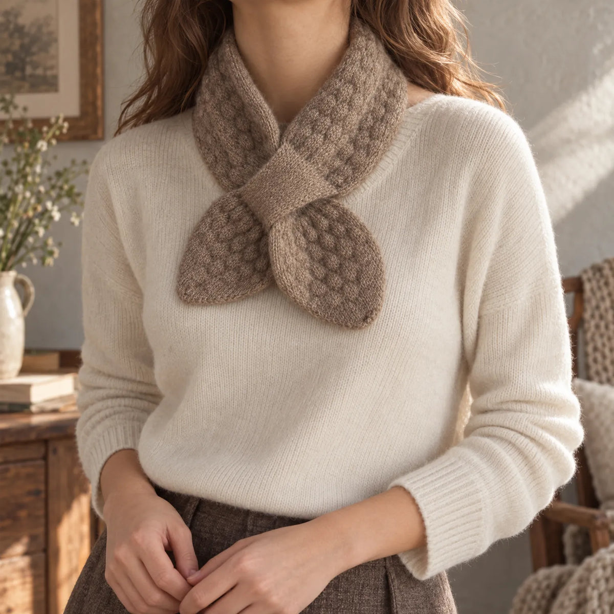 Textured knitted bowknot neckerchief scarf worn over a jumper