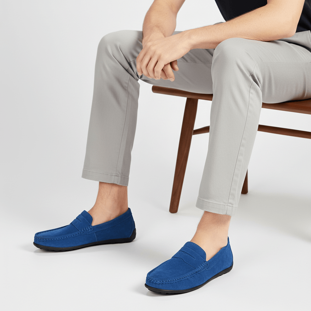 Textured men's moc toe loafers with penny strap and black soles