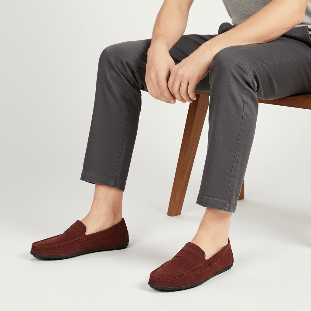 Textured men's moc toe loafers with penny strap and black soles