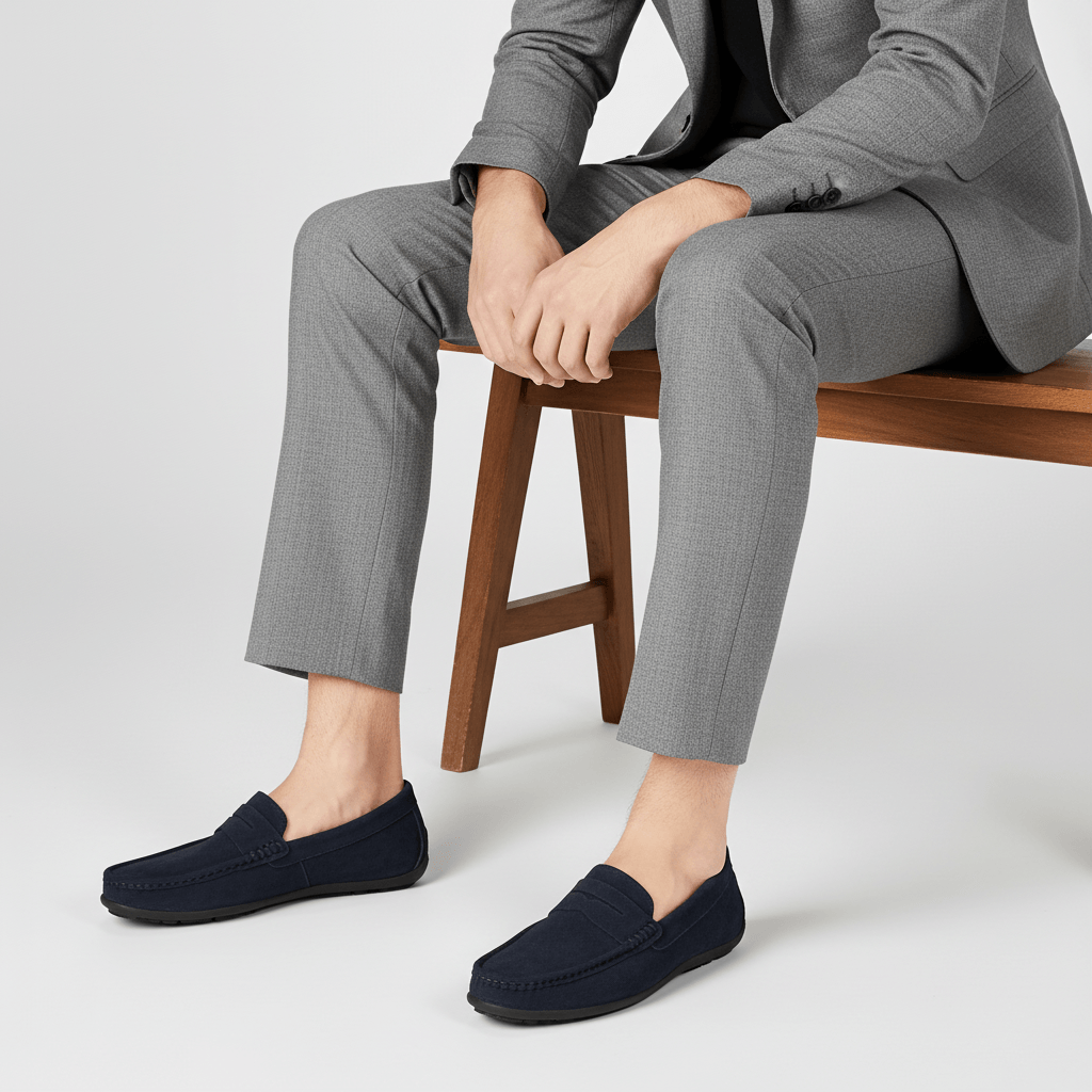 Textured men's moc toe loafers with penny strap and black soles