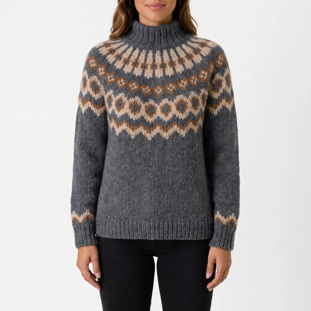 Women's knitted Fair Isle turtleneck jumper with long sleeves and patterned yoke