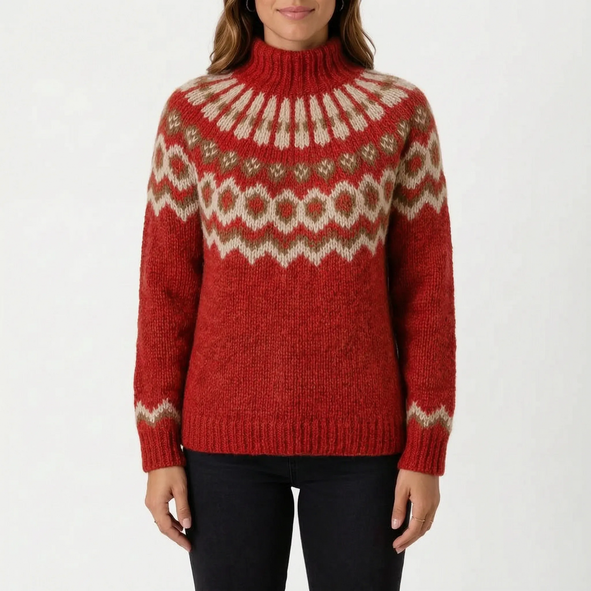 Women's knitted Fair Isle turtleneck jumper with long sleeves and patterned yoke