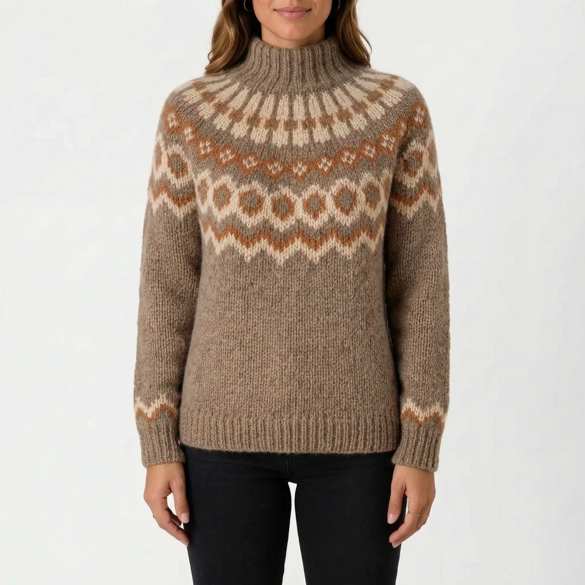 Women's knitted Fair Isle turtleneck jumper with long sleeves and patterned yoke
