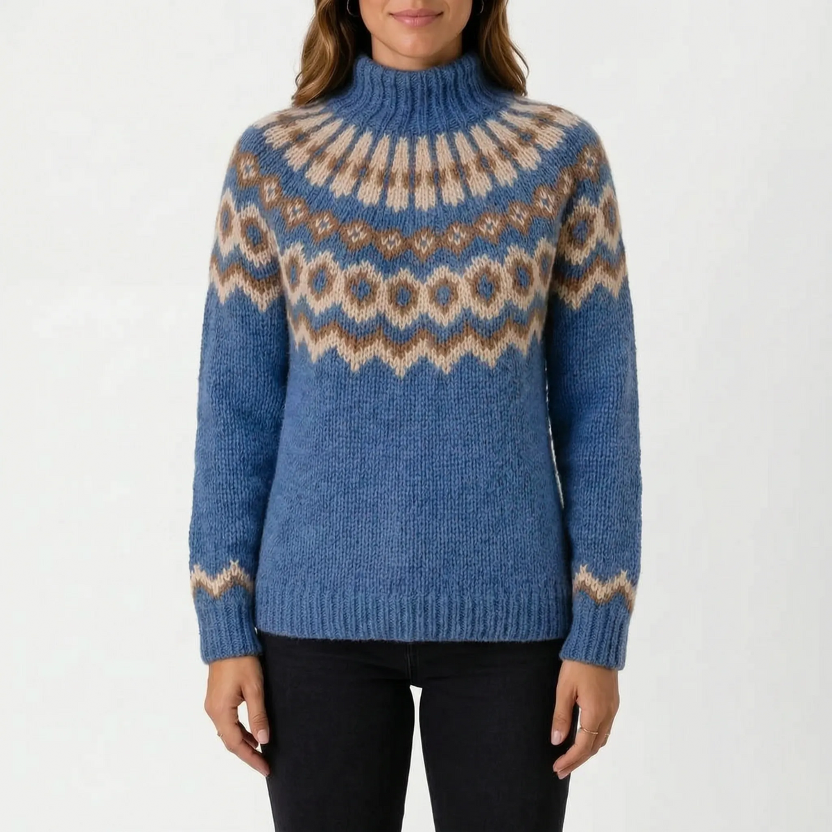 Women's knitted Fair Isle turtleneck jumper with long sleeves and patterned yoke