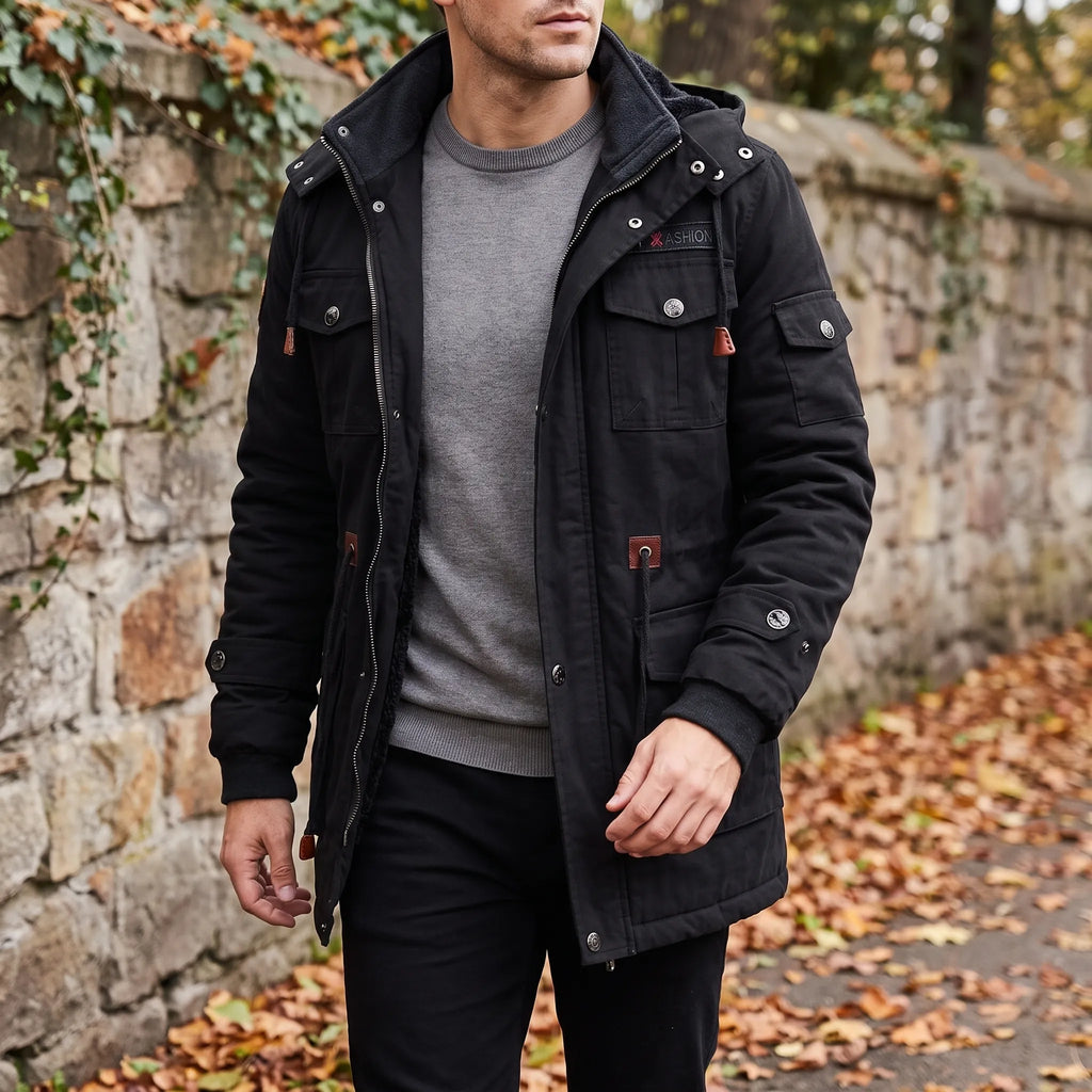 Men's hooded utility winter coat with multiple flap pockets