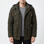 Men's hooded utility winter coat with multiple flap pockets