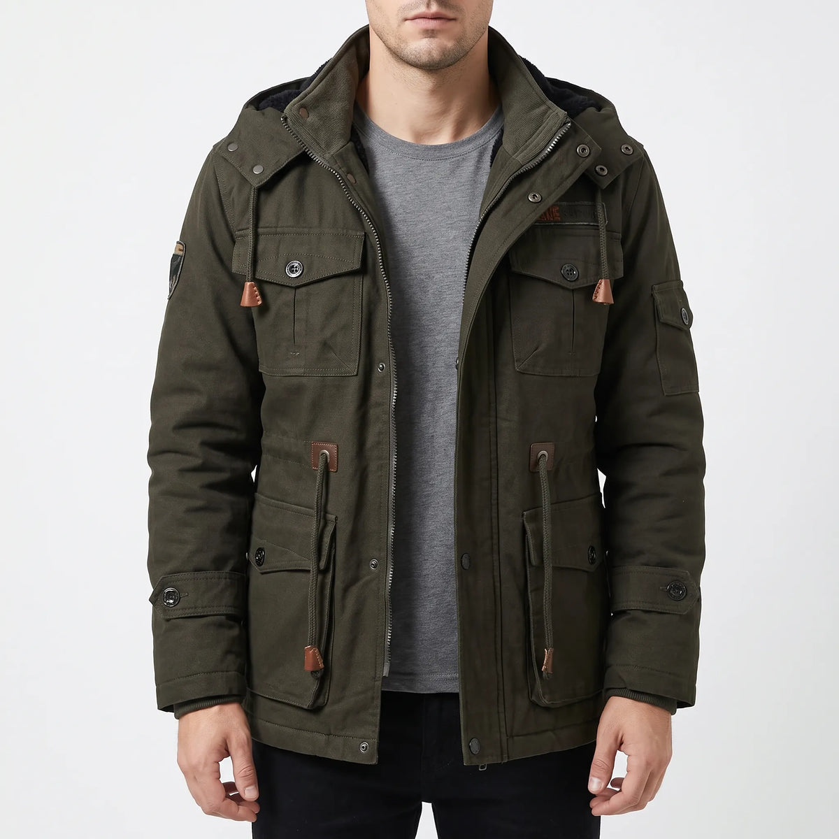 Men's hooded utility winter coat with multiple flap pockets