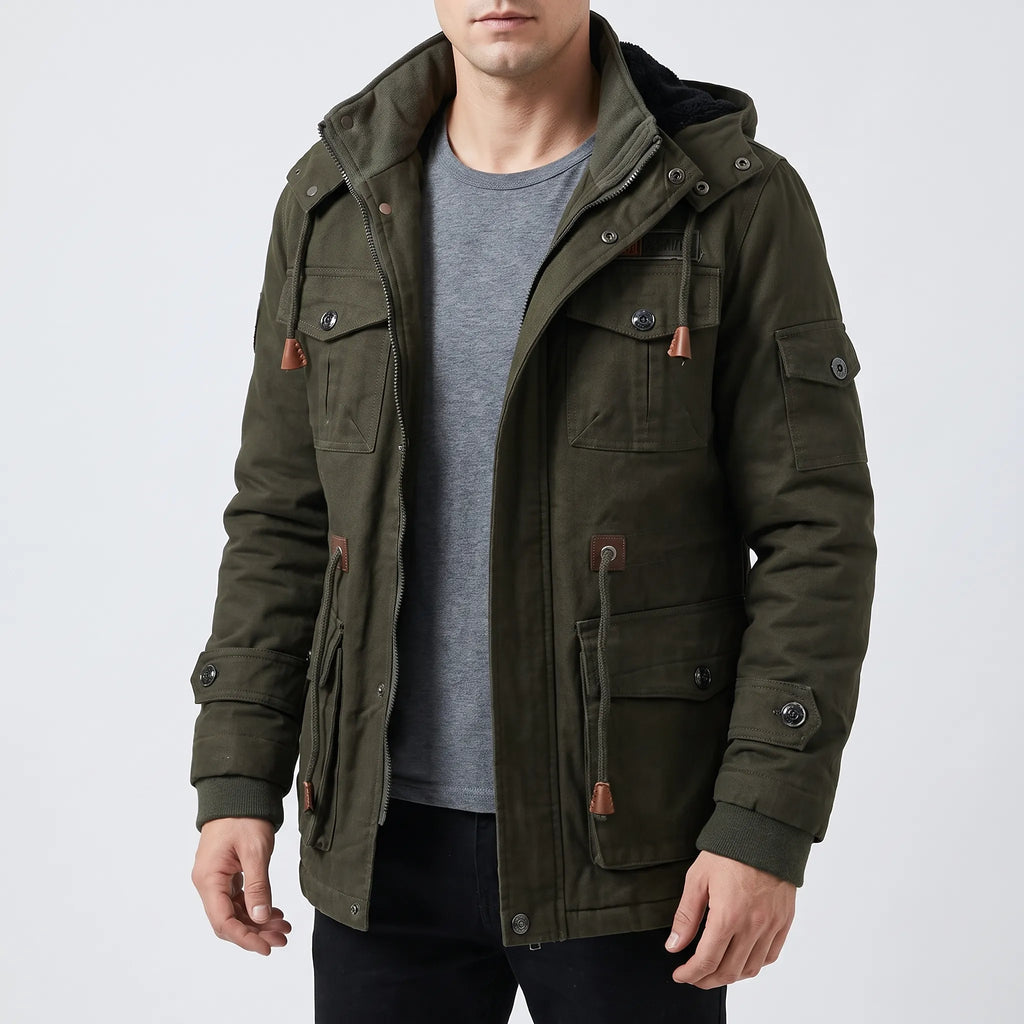 Men's hooded utility winter coat with multiple flap pockets